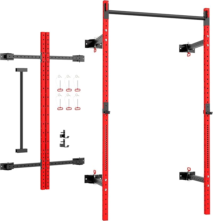 Soozier Folding Squat Rack with Adjustable Pull-Up Bar, 1000 Pounds Capacity Wall Mounted Power Rack, Adjustable Barbell Rack with J Hooks for Home Gym Full Body Workout