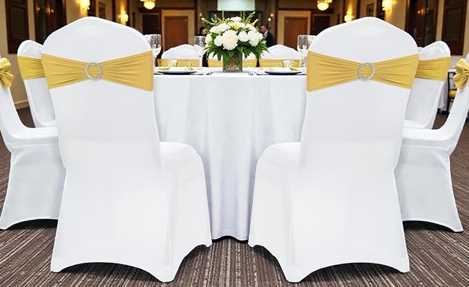 MDS Pack of 25 Spandex Chair Sashes Bow Premium Stretch Chair Cover Band with Buckle Slider Universal fits Elastic Stretch Chair Ties for Wedding Party Banquet Events Decoration - Gold
