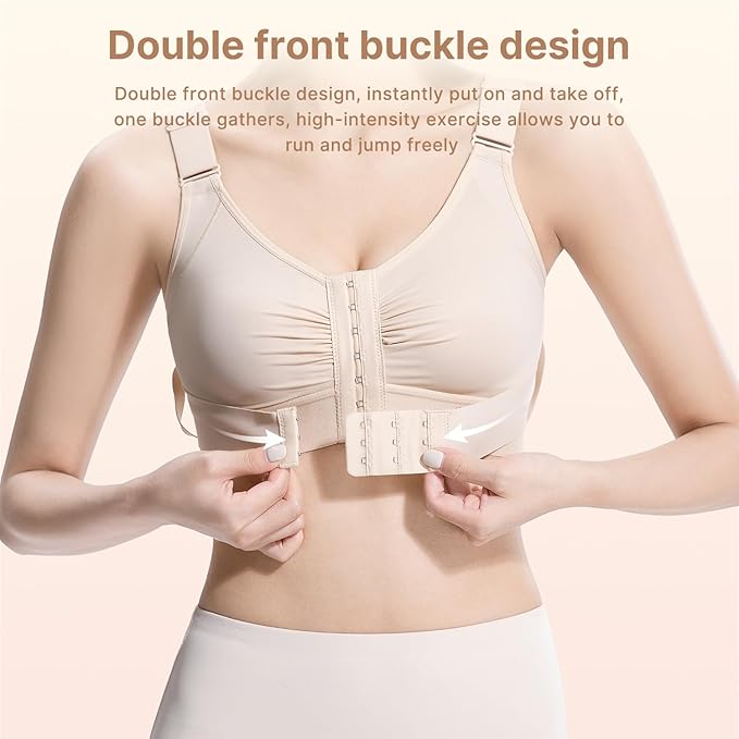 Fit Geno Posture Corrector Bra for Women, Back Support Bra with Supportive Comfort, Wireless Posture Correcting Bra for Older Women & Seniors Beige