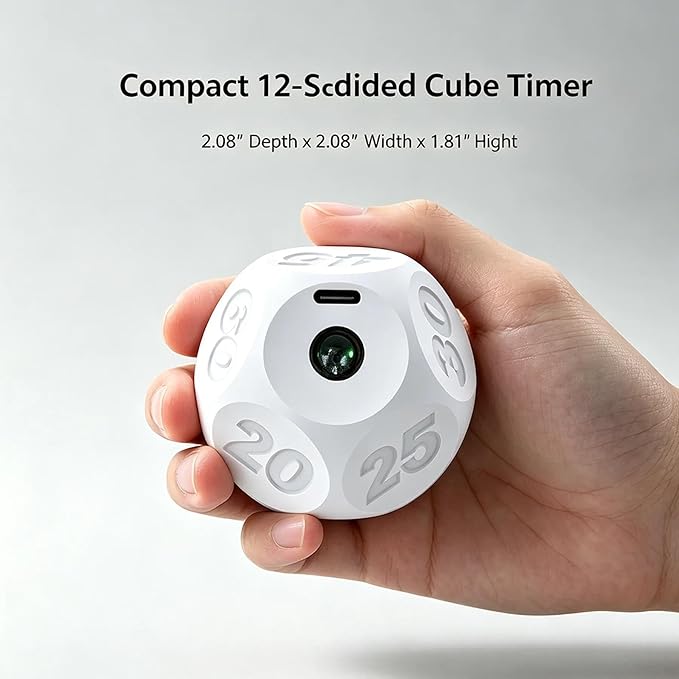 Cube Kitchen Timer - Rechargeable Countdown Timer with 1-3-5-10-15-20-30-45-60-90 Minute Presets for Cooking, Baking, Classroom, Exercise (White)