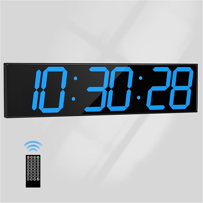 CHKOSDA Digital Wall Clock with Large Display, 28.4‘’LED 6-Digit Large Digital Clock with Adjustable Brightness, Multifunction Gym Clock with Countdown,Stopwatch and Workout Interval Timing (Blue)