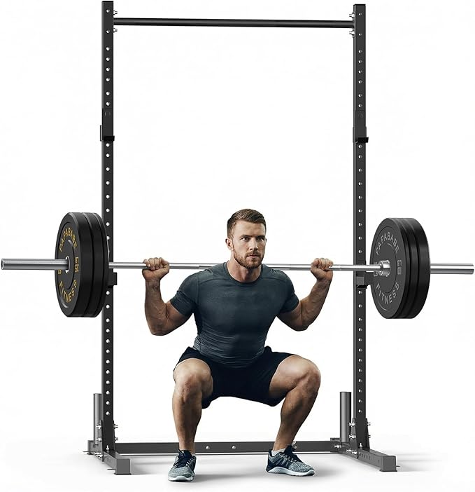 papababe Squat Rack with Pull Up Bar for Home Gym, Adjustable Power Cage with J-Hooks, 800LB Capacity Multi-Functional Bench Press Power Rack for 6FT, 7FT Barbell, Weight Lifting Rack