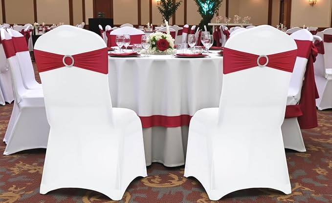 MDS Pack of 75 Spandex Chair Sashes Bow Premium Stretch Chair Cover Band with Buckle Slider Universal fits Elastic Dining Chair Ties for Wedding Party Banquet Events Decoration - Apple Red