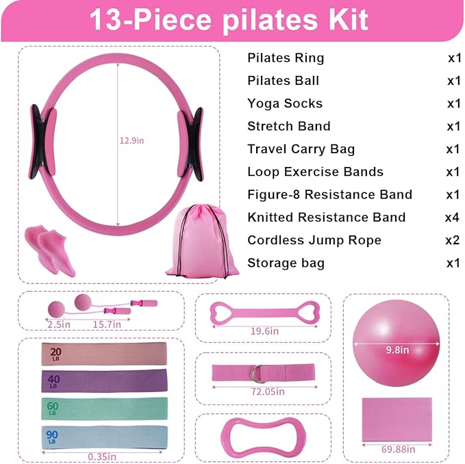 Home Pilates Kit for Women, Workout Set with 12.9" Ring, 9.8" Mini Ball, 4 Fabric Bands, Figure-8 Band, Stretch Band, D-Ring Strap, Cordless Jump Rope, Socks, Carry Bag