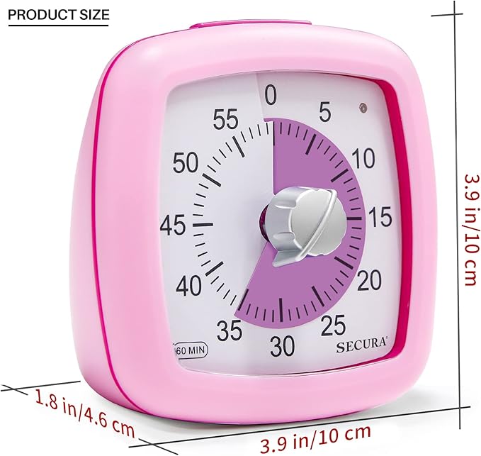 Secura 60-Minute Visual Timer, Silent Study Timer for Kids and Adults, Time Clocks, Time Management Countdown Timer for Teaching (Pink)