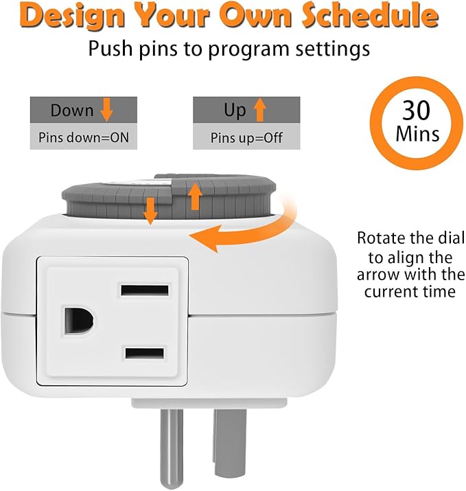 Timers for Electrical Outlets Indoor, 24-Hour Plug-in Mechanical Outlet Timer, 30 Minute Intervals, 3 Prong Light Timers, Daily On/Off Cycle for Christmas Tree, ETL Listed, 2Pack