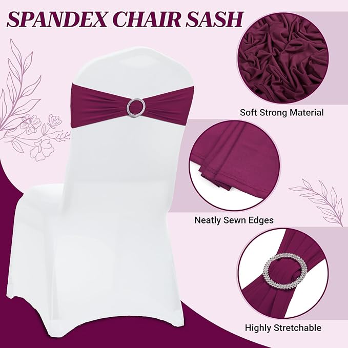 MDS Pack of 50 Spandex Chair Sashes Bow Premium Stretch Chair Cover Band with Buckle Slider Universal fits Elastic Dining Chair Ties for Wedding Party Banquet Events Decoration - Eggplant