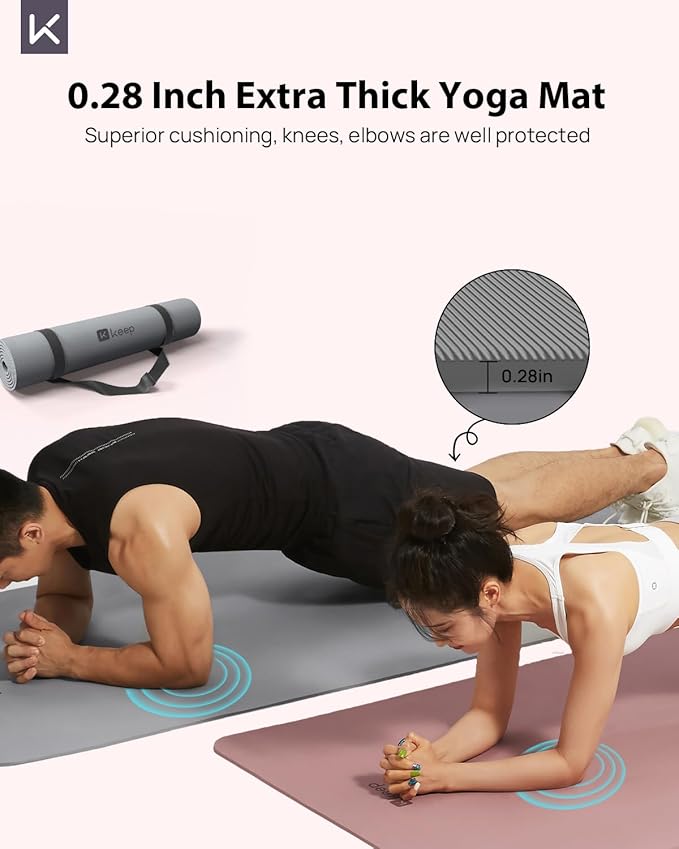 KEEP Yoga Mat - Premium 7mm Thick Exercise Mat, Anti-Tear 32'' Extra Wide Fitness Mat with Strap for Men & Women, Non Slip Pilates Mat for Home Yoga, Pilates, Gym, Stretching, Floor & Fitness Workouts