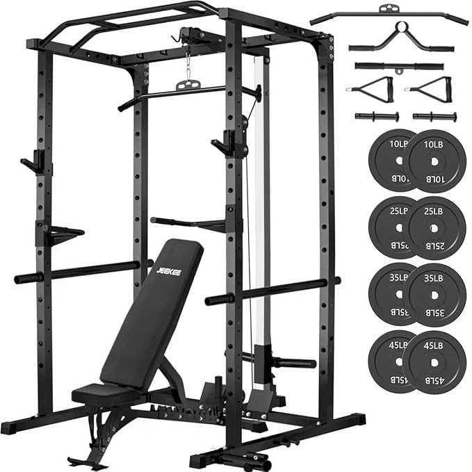JEEKEE Power Rack with LAT Pulldown, 2000LBS Power Cage with Cable System, Multi-Function Squat Rack with J-Hooks, Safety Bars, Landmine, Pull Up Bar & Attachments for Home Gym Strength Training,Black
