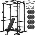 JEEKEE Power Rack with LAT Pulldown, 2000LBS Power Cage with Cable System, Multi-Function Squat Rack with J-Hooks, Safety Bars, Landmine, Pull Up Bar & Attachments for Home Gym Strength Training,Black