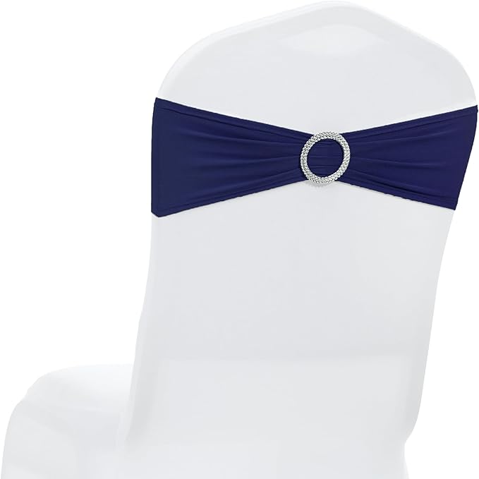 MDS Pack of 25 Spandex Chair Sashes Bow Premium Stretch Chair Cover Band with Buckle Slider Universal fits Elastic Stretch Chair Ties for Wedding Party Banquet Events Decoration - Navy Blue