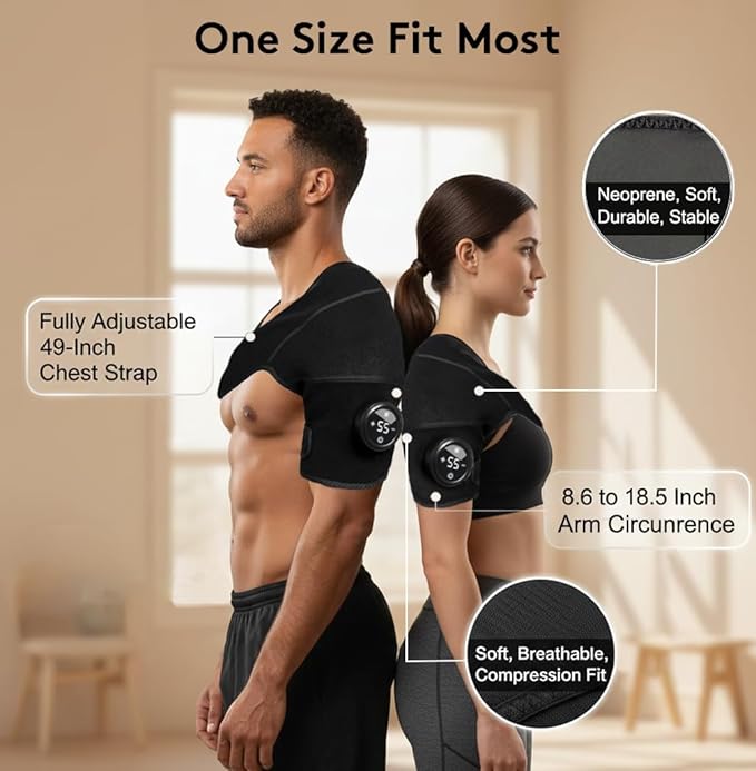 Cordless Shoulder Heating Pad with Vibration & Cold Gel Pack, Heat, Cool&Massage Support Wrap 6 Heat Level, 3 Vibration Mode, Adjustable Neoprene Shoulder Brace for Rotator Cuff Pain Relief Men&Women