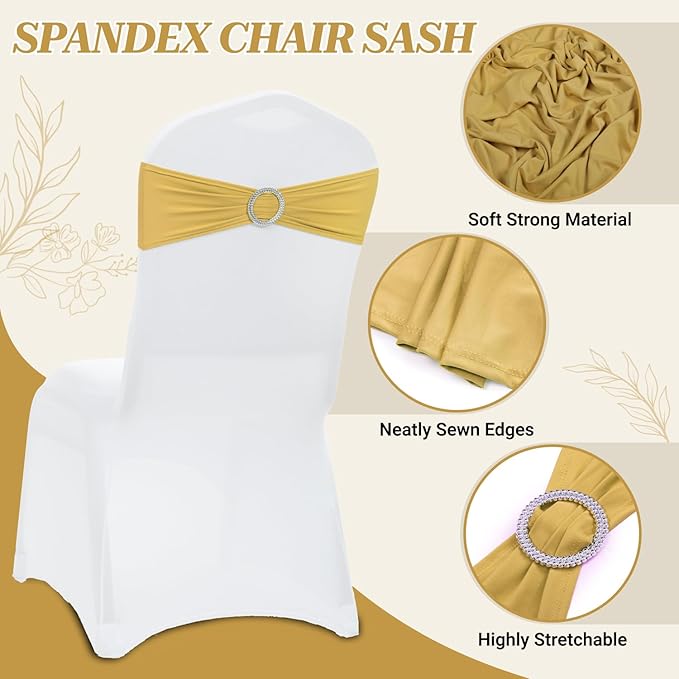 MDS Pack of 250 Spandex Chair Sashes Bows Universal fits Elastic Stretch Chair Bands Ties with Buckle Slider Bow for Wedding Decoration Spandex Slider Sashes Bow - Gold