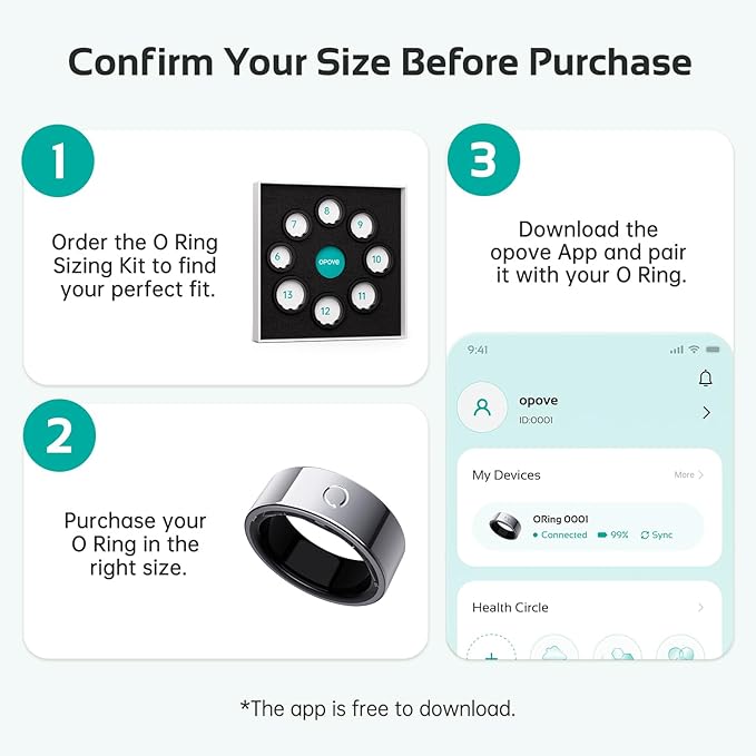 opove O Ring Smart Ring, Fitness Trackers Rings with Sleep/Stress/Heart Rate/Women's Health Monitoring, Comfortable Wearing, Up to 7 Days Using, Fitness Ring for Android & iOS, Silver-Size13