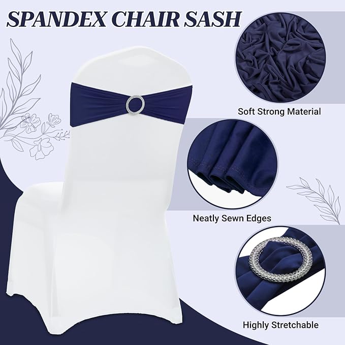 MDS Pack of 25 Spandex Chair Sashes Bow Premium Stretch Chair Cover Band with Buckle Slider Universal fits Elastic Stretch Chair Ties for Wedding Party Banquet Events Decoration - Navy Blue