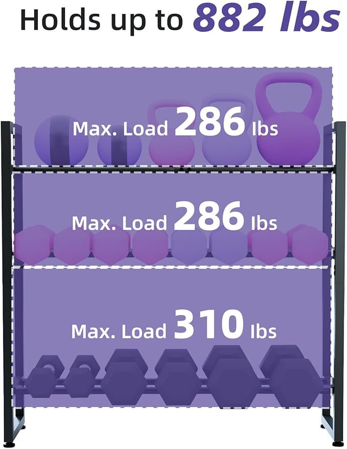 3-Tier Dumbbell Rack with 882 LBS Capacity, Multi-Purpose Weight Rack for Home Gym with Shelf and Movable Hooks, Weight Holder and Home Gym Storage Organizer for Dumbells Kettlebells Yoga Mat