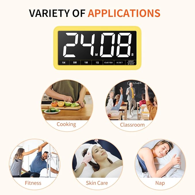 VOCOO Digital Kitchen Timer with 7.8” Extra Large Display, Magnetic, 3 Brightness, 4 Alarms and 3 Volume Levels, Battery Countdown Count Up Timer for Cooking, Classroom, Home Gym (Yellow)