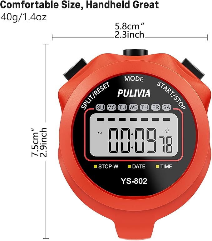 Sports Stopwatch Timer Single Lap Split Digital Stop Watch for Sports Kids Coaches Swimming Running, Red