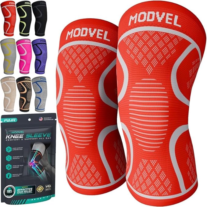 Modvel Compression Knee Brace for Women & Men - 2 Pack Knee Brace for Women Running Knee Pain, Knee Support Sleeve, Workout Sports Braces for Meniscus Tear ACL & Arthritis Pain Relief Orange XXX-Large