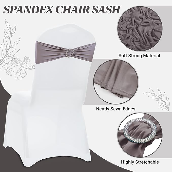 VDS - Silver Grey | Spandex Chair Sashes Bows | 150 PCS | Stretch Elastic Banquet Universal Folding Chair Band Tie with Silver Buckle Slider for Wedding Party Conference Celebration Event Decoration