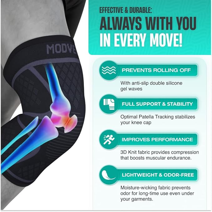 Modvel 2 Pack Knee Brace for Women & Men - Workout Knees Compression Sleeve for Knee Pain Relief Joint Support for ACL, Arthritis, Meniscus Tear Knees Brace for Sports, Rodilleras para Gym Fitness