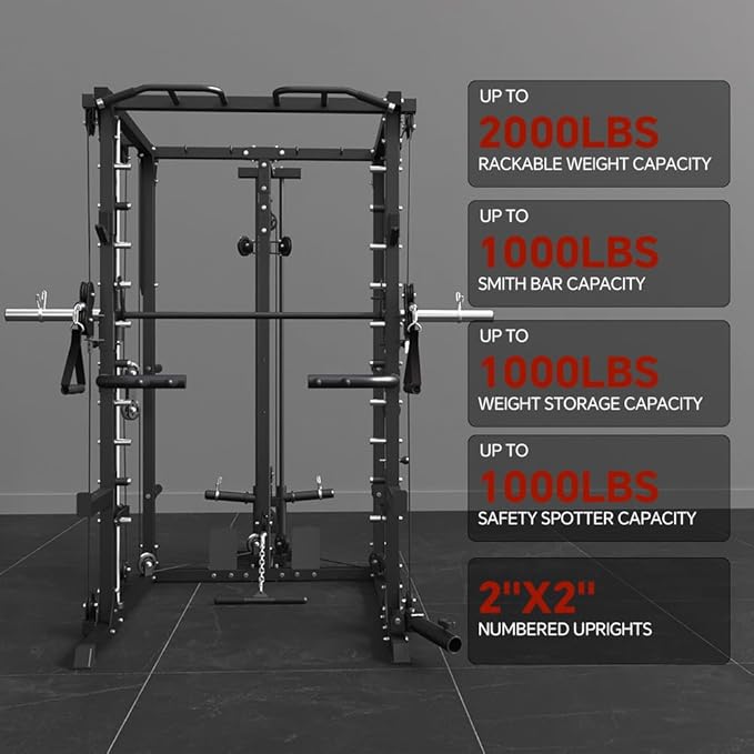 All-in-One Smith Machine Power Cage with Dual Cable Crossover, LAT Pulldown & Weight Stack System,Multifunctional Home Gym Machine with LAT Pulldown