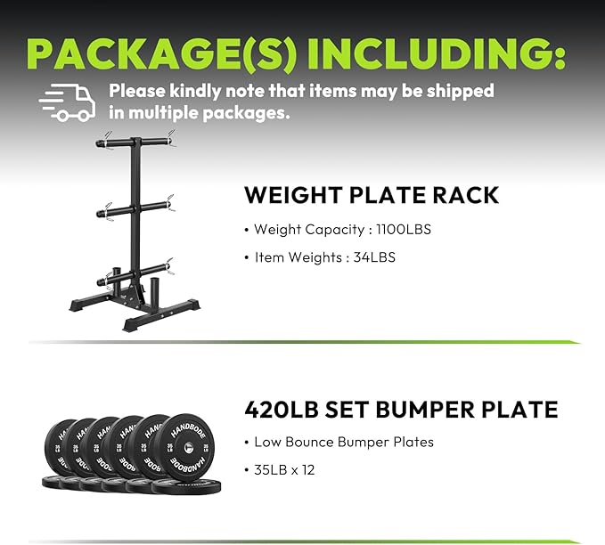 HANDBODE Weight Plate Rack with Barbell Storage, 6-Peg Vertical Holder for 1 or 2-Inch Plates, Heavy Duty 1100 lbs Capacity for Home Gym Organization