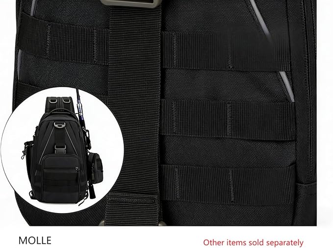 Mint & Moss Tactical Backpack for Men Water Resistant Tackle Backpack with Rod Holder & Tackle Box Kit, Lightweight Sling Fishing Bag for Trekking Survival Camping Fitness Travel (Black)