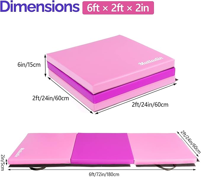 Matladin 6' Folding Tri-fold Gymnastics Gym Exercise Aerobics Mat, 6ft x 2ft x 2in PU Leather Tumbling Mats with Hook & Loop Fastener for Stretching Yoga Cheerleading Martial Arts