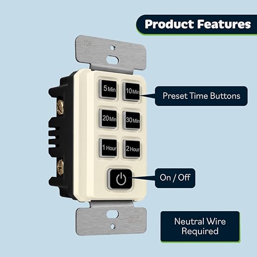 TOPGREENER 2-Hour Countdown Timer Switch, 5-10-20-30 Min 1-2 Hour Settings, for Fans and Lights, 120VAC 60Hz, 1/2HP, 150W LED, Neutral Wire Required, UL Listed, TGT06-2H-RT-LA, Light Almond