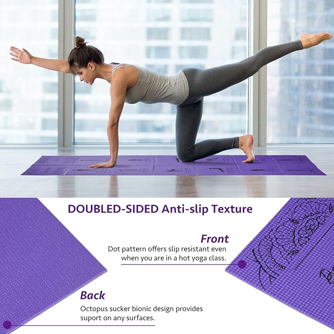 Foldable Yoga Mat for Women, Non Slip Exercise Mat for Home Gym, 5mm Travel Yoga Mats Set With Stretch Strap for Yoga Pilates and Fitness, 68"L x 24"W x 0.2 Inch Thick
