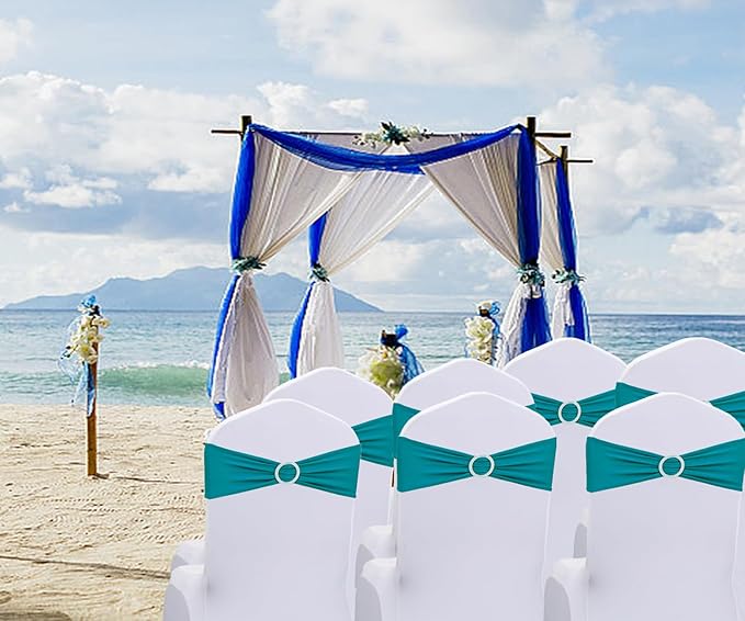 Stretch Spandex Dark Turquoise Chair Sashes Bows 50 Pack Universal Chair Bands with Silver Buckle for Wedding Party Engagement Banquets Bridal Shower Events Decorations