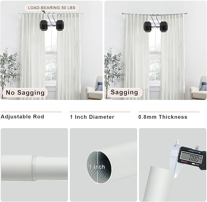 Matte White Curtain Rods for Windows 48-88",1 Inch Disc Wrap Around Curtain Rod with Aluminum Finials and Brackets,No Screw Disassembly Adjustable Blackout Curved Room Darkening Curtain Rod