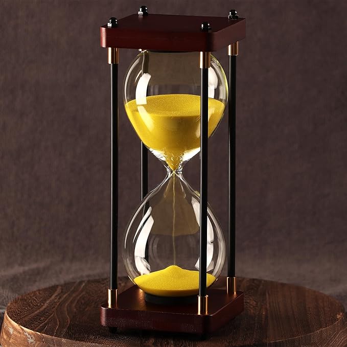 Large Sand Hourglass Timer, Vintage Wooden Sand Timer 60 Minutes, Glass Sand Clock Minutes with Wooden End Caps, Sand Timers for Games Classroom Home Office Kitchen Use (Yellow Sand)