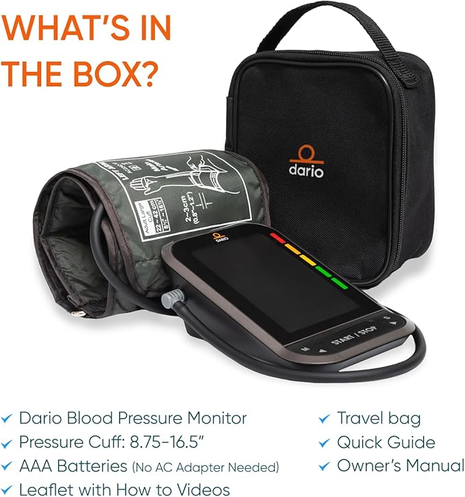 Dario Blood Pressure Monitor for Home Use Gen2 Automatic Machine, LCD Backlit Display, Large Adjustable Arm Cuff (8.75-16.5in) Smart Bluetooth App & Carry Case