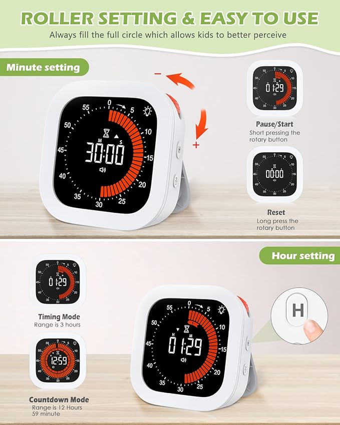 KeeKit Digital Visual Timer, Rechargeable Countdown Timer with Adjustable Volume & Brightness, Magnetic Back for Kitchen, Gym, Study - Kids Timer for Cooking, Homework, Classroom, Workouts