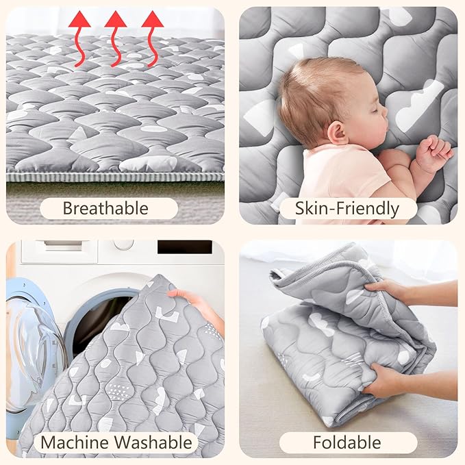 Baby Play Mats for Floor, 71”x59” Upgraded Thickness & Larger Super Soft Playmat for Babies and Toddlers, Foldable Washable, Upgrade Anti-Slip Crawling Mat for Playpen(Boho Gray)