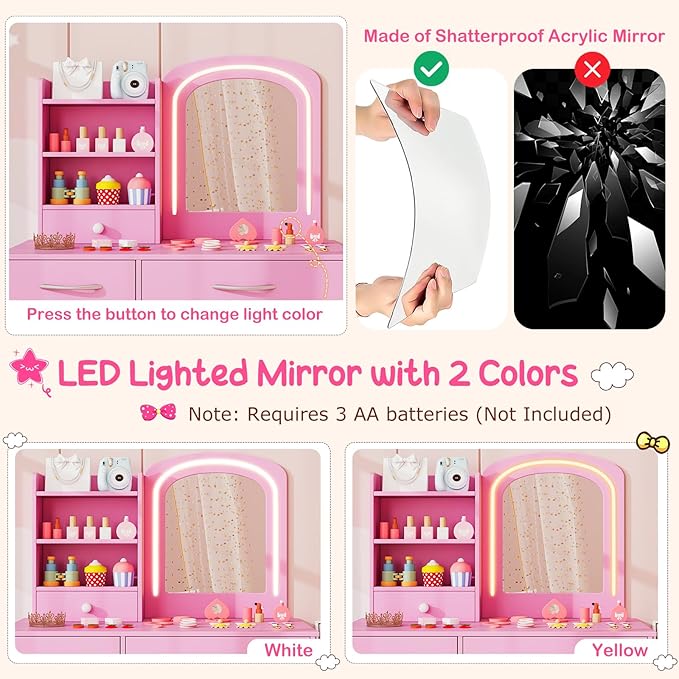 Costzon Kids Vanity with Lights, Princess Makeup Dressing Desk with Mirror and Stool, Storage Drawers, Shelves, Kids Vanity Table and Chair Set for Little Girls (Pink)