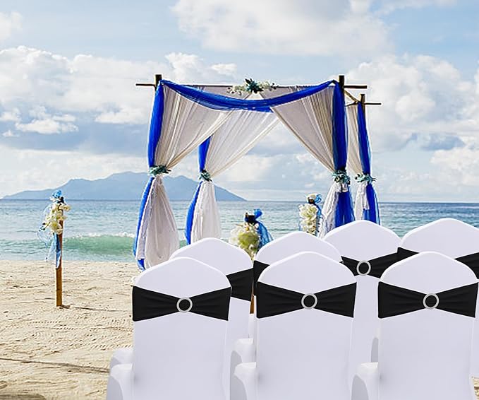 Spandex Black Chair Sashes Bows 50 PCS Stretch Chair Bands with Buckles Slider Universal Elastic Chairs Ties for Wedding Party Banquet Anniversary Meeting Events Decoration