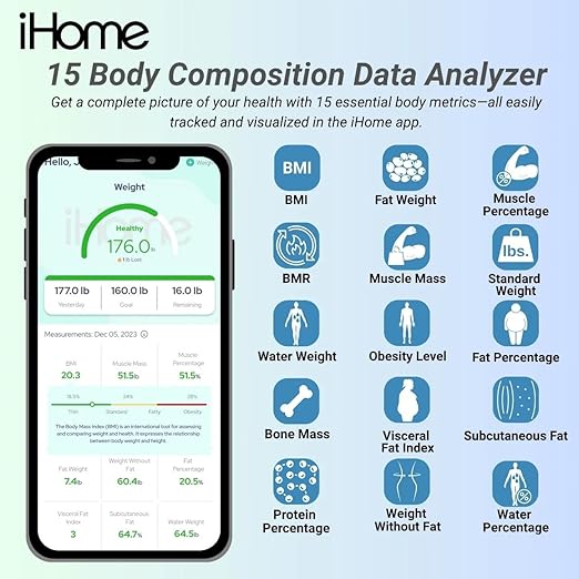 iHome Digital Bluetooth Smart Scale for Body Weight, Weight Scale, Including BMI, Body Fat, Muscle Mass, Batteries Included (Black Smart Bluetooth)