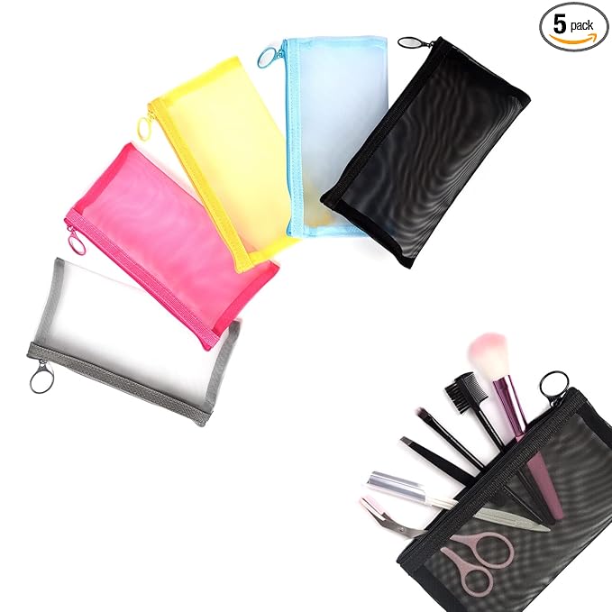 patu Zipper Mesh Bags, Long Case, 5 Pieces, Beauty Makeup Cosmetic Accessories Organizer, Travel Toiletry Kit Set Storage Pouch, Assorted Colors