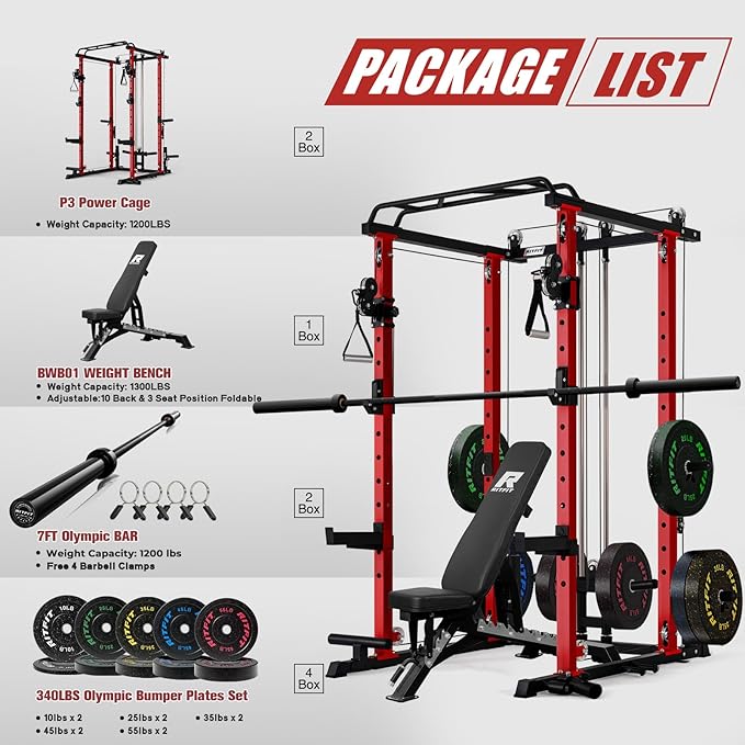 RitFit Multi-Function Garage & Home Gym Package Includes 1200LBS Power Cage PPC03/P3 with Cable Crossover System, Weight Bench, Olympic Barbell Weight Set, Full Body Workout