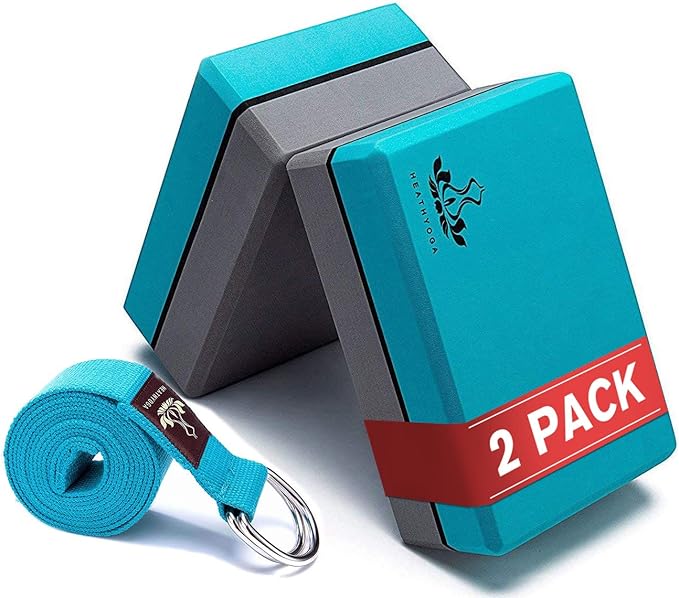 Heathyoga Yoga Blocks 2 Pack with Strap, High Density EVA Foam Yoga Block and Yoga Strap Set to Support and Improve Poses and Flexibility