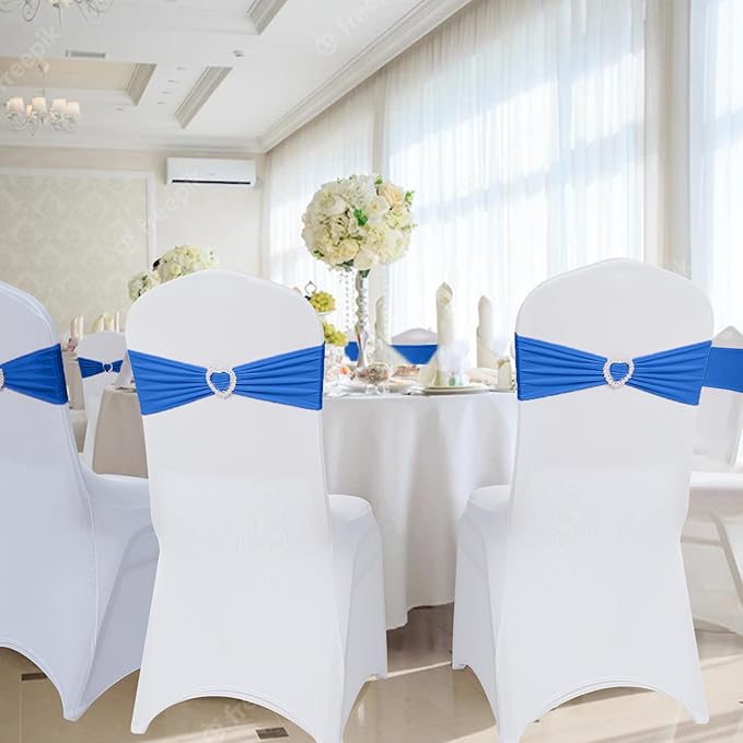 Howhic Pack of 30 Spandex Chair Sashes Bows Stretch Chair Cover Band with Buckle Slider Universal Elastic Chair Ties for Wedding Banquet Party Event Decoration (Royal Blue)