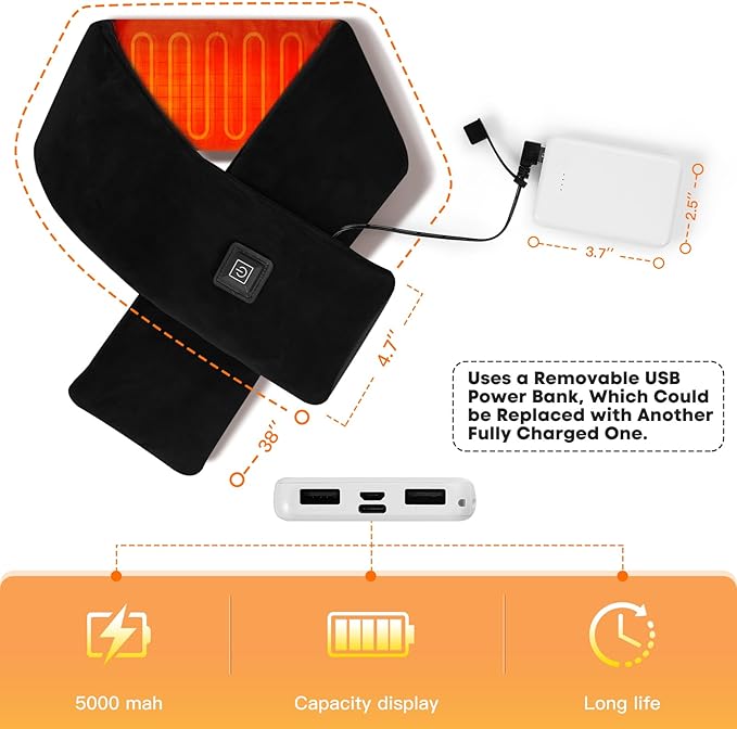 Heated Neck Wrap with 5000mAh Power Bank, Heating Pad Cordless with 3 Heating Levels, Portable Neck Warmer for Neck Pain Relief and Stiffness, Rechargeable Heated Scarf for Outdoor & Office, Black