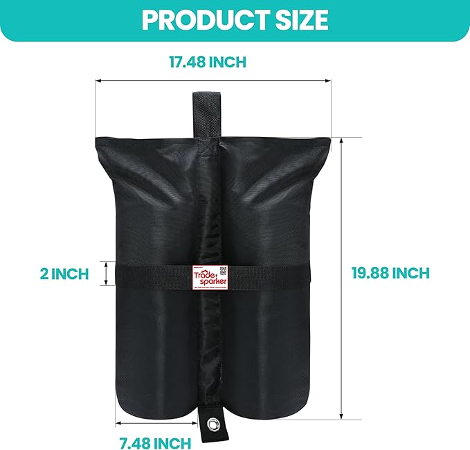 Tradesparker 4-Pack Large Sand Bags - Heavy Duty Empty Fillable Weight Bags for Canopy Tent, Gazebo Stabilization and Outdoor Use, Black
