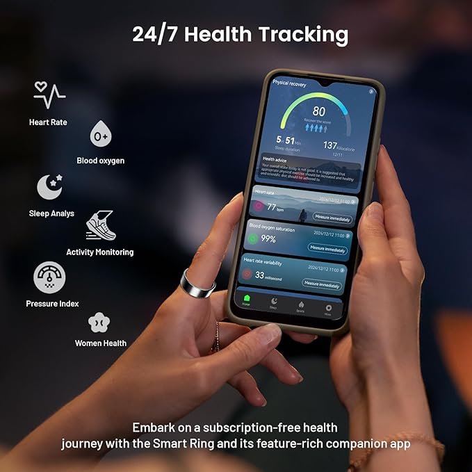 Mirlray Smart Ring for Women & Men, Smart Ring Health Tracker, Blood Oxygen & Heart Rate Monitor Sleep Ring, Waterproof Fitness Ring, Long Lasting Battery Smart Rings (Black, #6)