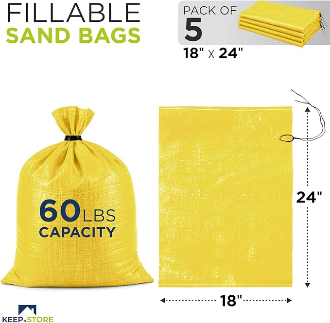 Heavy Duty Sand Bags Pack of 5, Bright Yellow Empty Sandbags with Built-In Ties, Woven Polypropylene UV Protection 1600 Hours, Fillable Bags for Flood Control, Weight, 18x24 inches, 60 Pounds Volume