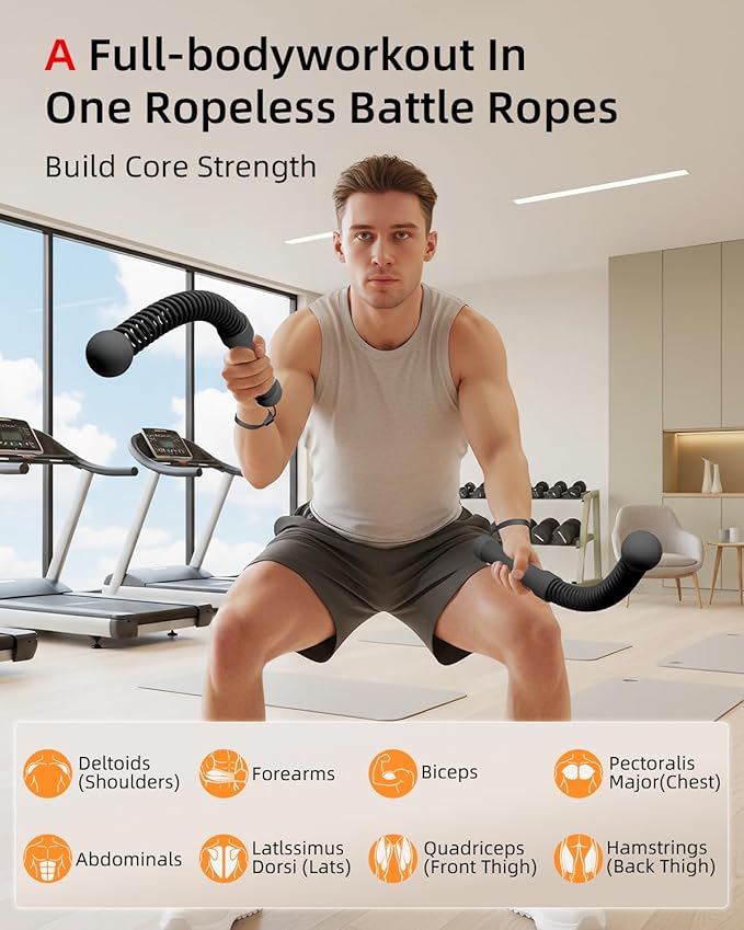 Abahub Weighted Ropeless Battle Rope, Portable Silent Home Workout Equipment, Space Saving Home Gym with Workout Gloves, HIIT and Low-Impact Aerobic Training for Men & Women, 2PCS Black