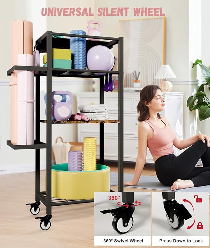 Yoga Mat Storage Rack with Wheels, 3 Tier Home Gym Workout Equipment Organizer for Dumbbells, Kettlebells, Foam Rollers